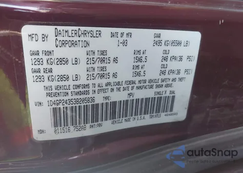 2003 Dodge Grand Caravan Se z USA, uszkodzony, nr VIN 1D4GP24353B205836